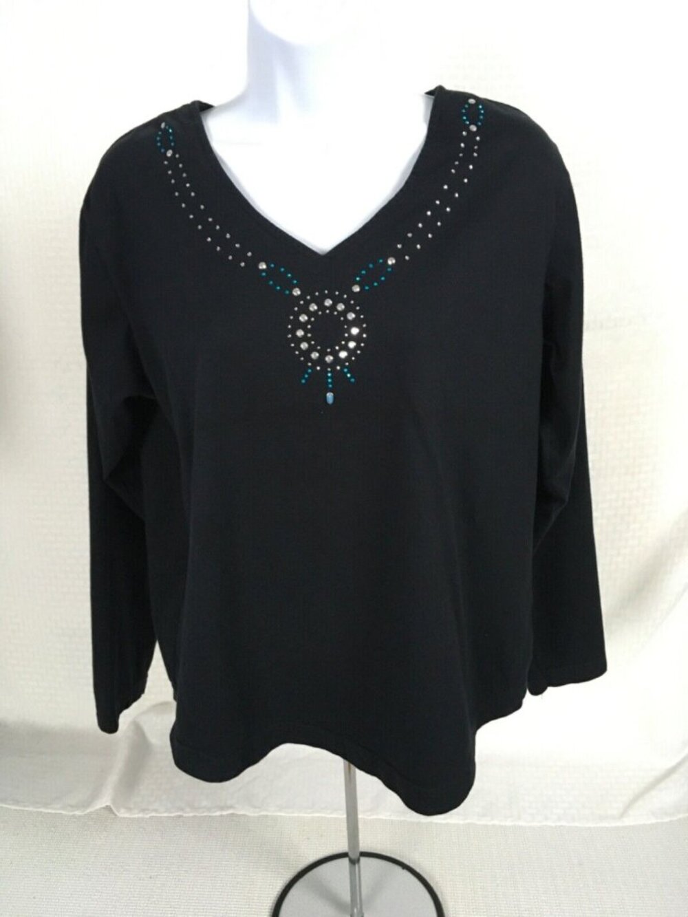 Country Tease Women Top Size L Black Sequins Around Neckline Long Sleeves V neck